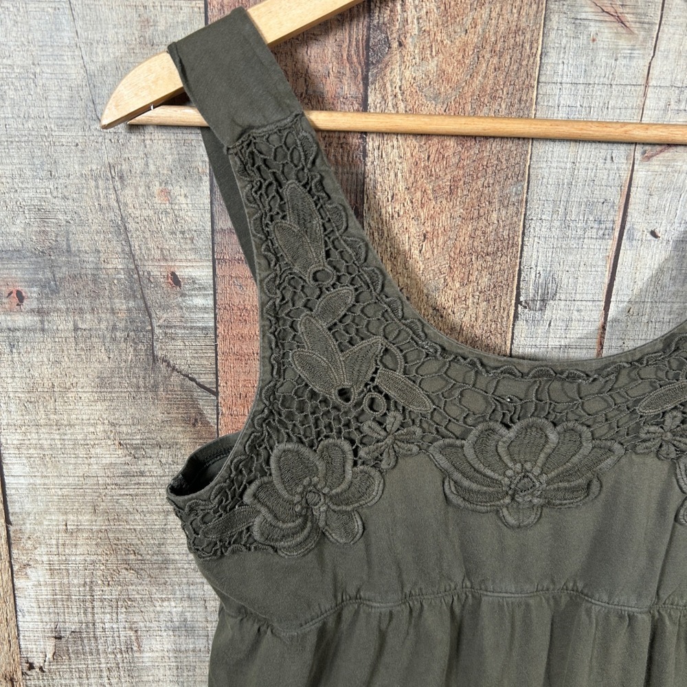 Currants Ombré Dress Medium Olive Green Crochet Lace Boho Midi Babydoll Tiered